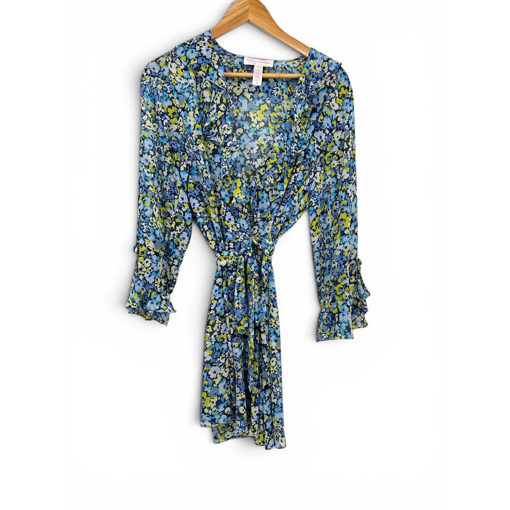 Oscar de la Renta Pink Label Blue Floral Wrap Robe Dress XL Long Sleeve Ruffle